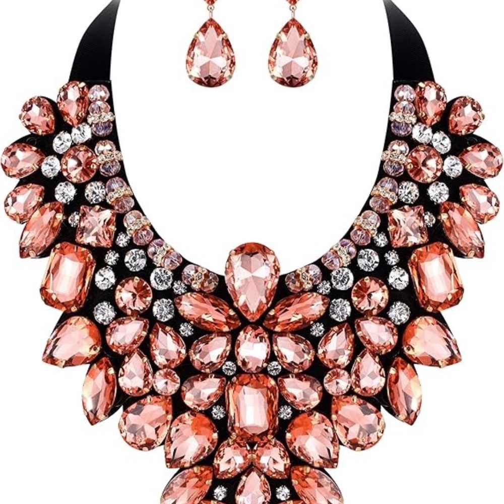 9 Color Rhinestone Champagne Crystal Costume Statement Necklace and Earring Set